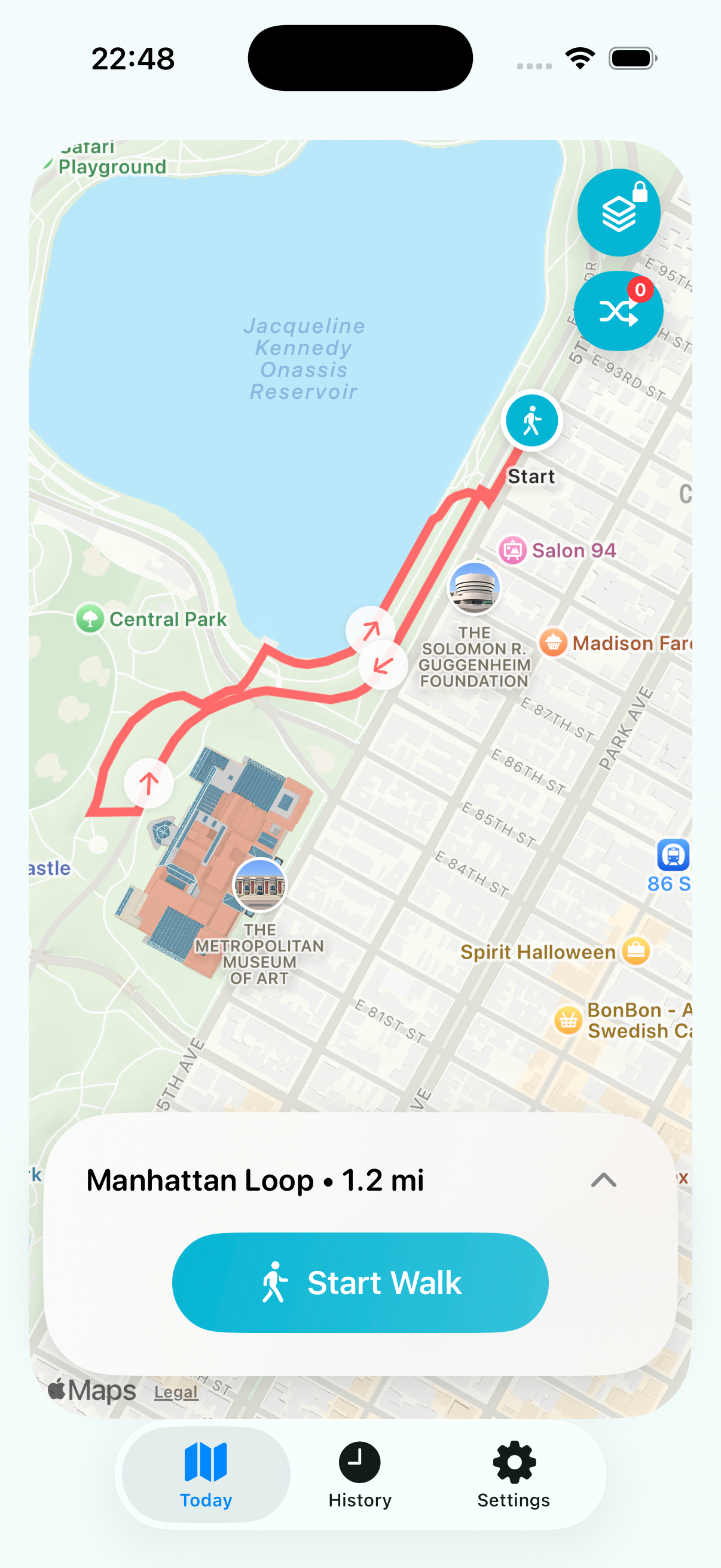 DailyWander app showing today's view with personalized circular walking route, distance selection, and route quality score on iPhone